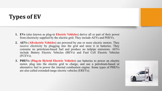 Types of EV
1. EVs (also known as plug-in Electric Vehicles) derive all or part of their power
from electricity supplied by the electric grid. They include AEVs and PHEVs.
2. AEVs (All-electric Vehicles) are powered by one or more electric motors. They
receive electricity by plugging into the grid and store it in batteries. They
consume no petroleum-based fuel and produce no tailpipe emissions. AEVs
include Battery Electric Vehicles (BEVs) and Fuel Cell Electric Vehicles
(FCEVs).
3. PHEVs (Plug-in Hybrid Electric Vehicles) use batteries to power an electric
motor, plug into the electric grid to charge, and use a petroleum-based or
alternative fuel to power the internal combustion engine. Some types of PHEVs
are also called extended-range electric vehicles (EREVs).
 