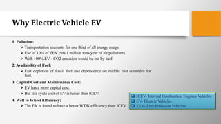Why Electric Vehicle EV
1. Pollution:
 Transportation accounts for one third of all energy usage.
 Use of 10% of ZEV cuts 1 million tons/year of air pollutants.
 With 100% EV - CO2 emission would be cut by half.
2. Availability of Fuel:
 Fast depletion of fossil fuel and dependence on middle east countries for
fuel.
3. Capital Cost and Maintenance Cost:
 EV has a more capital cost.
 But life cycle cost of EV is lesser than ICEV.
4. Well to Wheel Efficiency:
 The EV is found to have a better WTW efficiency than ICEV.
 ICEV- Internal Combustion Engines Vehicles
 EV- Electric Vehicles
 ZEV- Zero Emission Vehicles
 