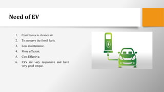 Need of EV
1. Contributes to cleaner air.
2. To preserve the fossil fuels.
3. Less maintenance.
4. More efficient.
5. Cost Effective.
6. EVs are very responsive and have
very good torque.
 