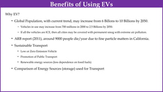 Why EV?
• Global Population, with current trend, may increase from 6 Billons to 10 Billions by 2050.
– Vehicles in use may increase from 700 millions in 2000 to 2.5 Billions by 2050.
– If all the vehicles are ICE, then all cities may be covered with permanent smog with extreme air pollution.
• ARB report (2011), around 9000 people die/year due to fine particle matters in California.
• Sustainable Transport
• Low or Zero Emission Vehicle
• Promotion of Public Transport
• Renewable energy sources (less dependence on fossil fuels)
• Comparison of Energy Sources (storage) used for Transport
Benefits of Using EVs
 