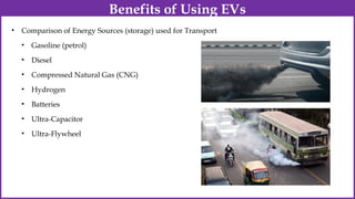 • Comparison of Energy Sources (storage) used for Transport
• Gasoline (petrol)
• Diesel
• Compressed Natural Gas (CNG)
• Hydrogen
• Batteries
• Ultra-Capacitor
• Ultra-Flywheel
Benefits of Using EVs
 
