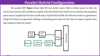 Parallel Hybrid Configuration
12/02/2026 51
EEE
The parallel HEV Figure allows both ICE and electric motor (EM) to deliver power to drive the
wheels. Since both the ICE and EM are coupled to the drive shaft of the wheels via two clutches, the propulsion
power may be supplied by ICE alone, by EM only or by both ICE and EM. The EM can be used as a generator to
charge the battery by regenerative braking or absorbing power from the ICE when its output is greater than
that required to drive the wheels.
 