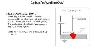Carbon Arc Welding (CAW)
Carbon Arc Welding (CAW) is
a welding process, in which heat is
generated by an electric arc struck between
an carbon electrode and the work piece.
The arc heats and melts the work pieces
edges, forming a joint.
Carbon arc welding is the oldest welding
process.
 