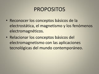 PROPOSITOS
• Reconocer los conceptos básicos de la
electrostática, el magnetismo y los fenómenos
electromagnéticos.
• Relacionar los conceptos básicos del
electromagnetismo con las aplicaciones
tecnológicas del mundo contemporáneo.
 