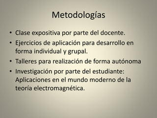 Metodologías
• Clase expositiva por parte del docente.
• Ejercicios de aplicación para desarrollo en
forma individual y grupal.
• Talleres para realización de forma autónoma
• Investigación por parte del estudiante:
Aplicaciones en el mundo moderno de la
teoría electromagnética.
 