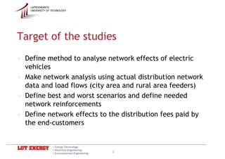 LAPPEENRANTA
    UNIVERSITY OF TECHNOLOGY




Target of the studies
• Define method to analyse network effects of electric
  vehicles
• Make network analysis using actual distribution network
  data and load flows (city area and rural area feeders)
• Define best and worst scenarios and define needed
  network reinforcements
• Define network effects to the distribution fees paid by
  the end-customers


                  • Energy Technology
                  • Electrical Engineering
                  • Environmental Engineering
                                                2
 