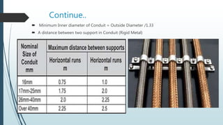 Continue..
 Minimum Inner diameter of Conduit = Outside Diameter /1.33
 A distance between two support in Conduit (Rigid Metal)
 