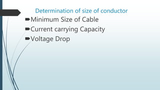 Determination of size of conductor
Minimum Size of Cable
Current carrying Capacity
Voltage Drop
 