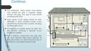 Continue..
 For residential heavy power consumption
load should be give a separate supply
though 15A plug, This type of load should
protected with ELCB
 Every power circuit design based on load,
Although in every condition power circuit
should have not more then 2 power 15A plug
for every sub-circuit
 In industrial or another group for light, fan,
and another switching a separate circuit
should be installed
 But in stadium, construction site, ship yard
etc have required high power lighting. At
that place there is no limit of load but size of
conductor is calculated based on load
 