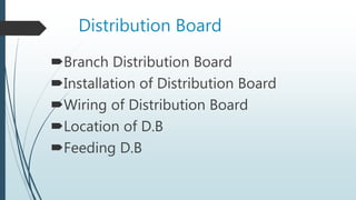 Distribution Board
Branch Distribution Board
Installation of Distribution Board
Wiring of Distribution Board
Location of D.B
Feeding D.B
 