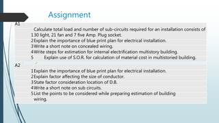 Assignment
A1
1
Calculate total load and number of sub-circuits required for an installation consists of
30 light, 21 fan and 7 five Amp. Plug socket.
2Explain the importance of blue print plan for electrical installation.
3Write a short note on concealed wiring.
4Write steps for estimation for internal electrification multistory building.
5 Explain use of S.O.R. for calculation of material cost in multistoried building.
A2
1Explain the importance of blue print plan for electrical installation.
2Explain factor affecting the size of conductor.
3State factor consideration location of D.B.
4Write a short note on sub circuits.
5List the points to be considered while preparing estimation of building
wiring.
 