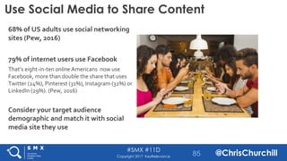 #SMX #11D
@ChrisChurchillCopyright 2017 KeyRelevance
Use Social Media to Share Content
68% of US adults use social network...