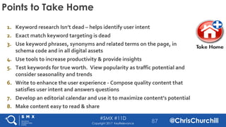 #SMX #11D
@ChrisChurchillCopyright 2017 KeyRelevance
Points to Take Home
1. Keyword research Isn’t dead – helps identify u...
