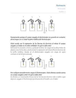 Electrización
                                                                         Erick Conde

                                                                          Paralelo: 2




Nuevamente acerque el cuerpo cargado al electroscopio sin ponerlo en contacto,
ahora toque con su dedo la parte metálica del electroscopio

¿Qué sucede con la separación de las láminas de aluminio al retirar el cuerpo
cargado y el dedo en el orden señalado? ¿A qué se debe esto?
Retirando la conexión a tierra y quitando la barra, las cargas de la esfera tratan de
alejarse unas de las otras, produciendo la separación de la laminilla de aluminio de
la varilla metálica. Queda así el electroscopio cargado con cargas de signo
contrario al de la barra acercada




Por cualquier procedimiento cargue el electroscopio. ¿Qué observa cuando acerca
un cuerpo cargado a este? ¿A qué se debe esto?
Se observa un movimiento brusco de las laminas de aluminio esto se debe a que
dejamos cargado el electroscopio positivamente al tocarlo con el dedo
 