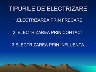 TIPURILE DE ELECTRIZARE 1.ELECTRIZAREA PRIN FRECARE 2. ELECTRIZAREA PRIN CONTACT 3.ELECTRIZAREA PRIN INFLUENTA 