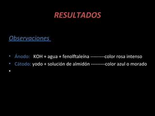 RESULTADOS

Observaciones

• Ánodo: KOH + agua + fenolftaleína ---------color rosa intenso
• Cátodo: yodo + solución de almidón ---------color azul o morado
•
 