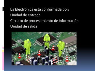 La Electrónica esta conformada por:
Unidad de entrada
Circuito de procesamiento de información
Unidad de salida
 