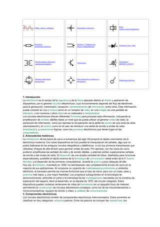 Ondas, pulsos e impulsos Generadores eléctricos
Relés
mandos electromagnéticos
Resistores
resistencias eléctricas
Sensores / Contactos por
efectos o dependencias
Tiristores, triac y diac
Transformadores eléctricos
y autotransformadores
Transistores
Transistores
MOSFET e IGFET
Válvulas electrónicas
termoiónicas
Otros dispositivos eléctricos y
electrónicos
Simbología eléctrica
1. Introducción
La electrónica es el campo de la ingeniería y de la física aplicada relativo al diseño y aplicación de
dispositivos, por lo general circuitos electrónicos, cuyo funcionamiento depende del flujo de electrones
para la generación, transmisión, recepción, almacenamiento de información, entre otros. Esta información
puede consistir en voz o música como en un receptor de radio, en una imagen en una pantalla de
televisión, o en números u otros datos en un ordenador o computadora.
Los circuitos electrónicos ofrecen diferentes funciones para procesar esta información, incluyendo la
amplificación de señales débiles hasta un nivel que se pueda utilizar; el generar ondas de radio; la
extracción de información, como por ejemplo la recuperación de la señal de sonido de una onda de radio
(demodulación); el control, como en el caso de introducir una señal de sonido a ondas de radio
(modulación), y operaciones lógicas, como los procesos electrónicos que tienen lugar en las
computadoras.
2. Antecedentes históricos
La introducción de los tubos de vacío a comienzos del siglo XX propició el rápido crecimiento de la
electrónica moderna. Con estos dispositivos se hizo posible la manipulación de señales, algo que no
podía realizarse en los antiguos circuitos telegráficos y telefónicos, ni con los primeros transmisores que
utilizaban chispas de alta tensión para generar ondas de radio. Por ejemplo, con los tubos de vacío
pudieron amplificarse las señales de radio y de sonido débiles, y además podían superponerse señales
de sonido a las ondas de radio. El desarrollo de una amplia variedad de tubos, diseñados para funciones
especializadas, posibilitó el rápido avance de la tecnología de comunicación radial antes de la II Guerra
Mundial, y el desarrollo de las primeras computadoras, durante la guerra y poco después de ella.
Hoy día, el transistor, inventado en 1948, ha reemplazado casi completamente al tubo de vacío en la
mayoría de sus aplicaciones. Al incorporar un conjunto de materialessemiconductores y contactos
eléctricos, el transistor permite las mismas funciones que el tubo de vacío, pero con un coste, peso y
potencia más bajos, y una mayor fiabilidad. Los progresos subsiguientes en la tecnología de
semiconductores, atribuible en parte a la intensidad de las investigaciones asociadas con la iniciativa de
exploración del espacio, llevó al desarrollo, en la década de 1970, del circuito integrado. Estos
dispositivos pueden contener centenares de miles de transistores en un pequeño trozo de material,
permitiendo la construcción de circuitos electrónicos complejos, como los de los microordenadores o
microcomputadoras, equipos de sonido y vídeo, y satélites de comunicaciones.
3. Componentes electrónicos
Los circuitos electrónicos constan de componentes electrónicos interconectados. Estos ponentes se
clasifican en dos categorías: activos o pasivos. Entre los pasivos se incluyen las resistencias, los
 