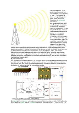 de radio o televisión. Por lo
general, sus frecuencias van
desde 100 kHz hasta 1 gigaherz
(1 GHz = 1.000 millones de
ciclos por segundo), y pueden
llegar incluso al rango de
frecuencias de microondas.
Osciladores
Los osciladores constan de un
amplificador y de algún tipo de
realimentación: la señal de
salida se reconduce a la entrada
del amplificador. Los elementos
determinantes de la frecuencia
pueden ser un circuito de
inductancia-capacitancia
sintonizado o un cristal vibrador.
Los osciladores controlados por
cristal ofrecen mayor precisión y
estabilidad. Los osciladores se
emplean para producir señales
de sonido y de radio en una
amplia variedad de usos. Por
ejemplo, los osciladores sencillos de radiofrecuencia se emplean en los modernos teléfonos de teclas
para transmitir datos a la estación telefónica central al marcar un número. Los tonos de sonido generados
por los osciladores también pueden encontrarse en relojes despertadores, radios, instrumentos
electrónicos, computadoras y sistemas de alarma. Los osciladores de alta frecuencia se emplean en
equipos de comunicaciones para controlar las funciones de sintonización y detección de señales. Las
emisoras de radio y de televisión utilizan osciladores de alta frecuencia y de gran precisión para generar
las frecuencias de transmisión.
6. Circuitos Lógicos
Los circuitos de conmutación y temporización, o circuitos lógicos, forman la base de cualquier dispositivo
en el que se tengan que seleccionar o combinar señales de manera controlada. Entre los campos de
aplicación de estos tipos de circuitos pueden mencionarse la conmutación telefónica, las transmisiones
por satélite y el funcionamiento de las computadoras digitales.
La lógica digital es un proceso racional para adoptar sencillas decisiones de 'verdadero' o 'falso' basadas
en las reglas del álgebra de Boole. El estado verdadero se representado por un 1, y falso por un 0, y en
 