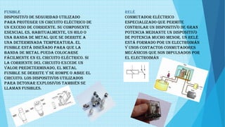 FUSIBLE
Dispositivo de seguridad utilizado
para proteger un circuito eléctrico de
un exceso de corriente. Su componente
esencial es, habitualmente, un hilo o
una banda de metal que se derrite a
una determinada temperatura. El
fusible está diseñado para que la
banda de metal pueda colocarse
fácilmente en el circuito eléctrico. Si
la corriente del circuito excede un
valor predeterminado, el metal
fusible se derrite y se rompe o abre el
circuito. Los dispositivos utilizados
para detonar explosivos también se
llaman fusibles.
RELÉ
Conmutador eléctrico
especializado que permite
controlar un dispositivo de gran
potencia mediante un dispositivo
de potencia mucho menor. Un relé
está formado por un electroimán
y unos contactos conmutadores
mecánicos que son impulsados por
el electroimán
 