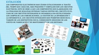 “
”
evolución
Los componentes electrónicos han venido evolucionando a través
del tiempo que cada día, mas pequeños y complejos son los circuitos
eléctricos, esto se debe a que los componentes son elaborados con
la finalidad de realizar diversas tareas dentro del circuito en el
caso de los circuitos integrados su desarrollo ha revolucionado
los campos de las comunicaciones, la gestión de la información y
la informática. Los circuitos integrados han permitido reducir el
tamaño de los dispositivos con el consiguiente descenso de los
costes de fabricación y de mantenimiento de los sistemas.
 