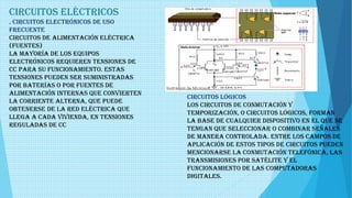 Circuitos Lógicos
Los circuitos de conmutación y
temporización, o circuitos lógicos, forman
la base de cualquier dispositivo en el que se
tengan que seleccionar o combinar señales
de manera controlada. Entre los campos de
aplicación de estos tipos de circuitos pueden
mencionarse la conmutación telefónica, las
transmisiones por satélite y el
funcionamiento de las computadoras
digitales.
Circuitos eléctricos
. Circuitos electrónicos de uso
frecuente
Circuitos de alimentación eléctrica
(Fuentes)
La mayoría de los equipos
electrónicos requieren tensiones de
CC para su funcionamiento. Estas
tensiones pueden ser suministradas
por baterías o por fuentes de
alimentación internas que convierten
la corriente alterna, que puede
obtenerse de la red eléctrica que
llega a cada vivienda, en tensiones
reguladas de CC
 