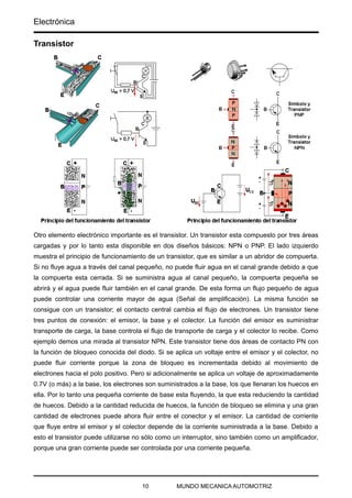 Electrónica
Transistor
Otro elemento electrónico importante es el transistor. Un transistor esta compuesto por tres áreas
cargadas y por lo tanto esta disponible en dos diseños básicos: NPN o PNP. El lado izquierdo
muestra el principio de funcionamiento de un transistor, que es similar a un abridor de compuerta.
Si no fluye agua a través del canal pequeño, no puede fluir agua en el canal grande debido a que
la compuerta esta cerrada. Si se suministra agua al canal pequeño, la compuerta pequeña se
abrirá y el agua puede fluir también en el canal grande. De esta forma un flujo pequeño de agua
puede controlar una corriente mayor de agua (Señal de amplificación). La misma función se
consigue con un transistor; el contacto central cambia el flujo de electrones. Un transistor tiene
tres puntos de conexión: el emisor, la base y el colector. La función del emisor es suministrar
transporte de carga, la base controla el flujo de transporte de carga y el colector lo recibe. Como
ejemplo demos una mirada al transistor NPN. Este transistor tiene dos áreas de contacto PN con
la función de bloqueo conocida del diodo. Si se aplica un voltaje entre el emisor y el colector, no
puede fluir corriente porque la zona de bloqueo es incrementada debido al movimiento de
electrones hacia el polo positivo. Pero si adicionalmente se aplica un voltaje de aproximadamente
0.7V (o más) a la base, los electrones son suministrados a la base, los que llenaran los huecos en
ella. Por lo tanto una pequeña corriente de base esta fluyendo, la que esta reduciendo la cantidad
de huecos. Debido a la cantidad reducida de huecos, la función de bloqueo se elimina y una gran
cantidad de electrones puede ahora fluir entre el conector y el emisor. La cantidad de corriente
que fluye entre el emisor y el colector depende de la corriente suministrada a la base. Debido a
esto el transistor puede utilizarse no sólo como un interruptor, sino también como un amplificador,
porque una gran corriente puede ser controlada por una corriente pequeña.
10 MUNDO MECANICA AUTOMOTRIZ
 