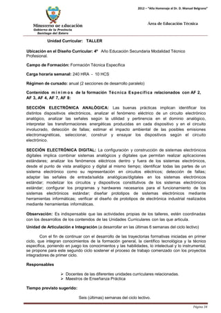 Ministerio de Educación 
Gobierno de la Provincia 
Santiago del Estero 
Página 34 
2012 – “Año Homenaje al Dr. D. Manuel Belgrano” 
Área de Educación Técnica 
Unidad Curricular: TALLER 
Ubicación en el Diseño Curricular: 4º Año Educación Secundaria Modalidad Técnico 
Profesional. 
Campo de Formación: Formación Técnica Específica 
Carga horaria semanal: 240 HRA - 10 HCS 
Régimen de cursado: anual (2 secciones de desarrollo paralelo) 
Contenidos mí n imos de la formación Técnica Específica relacionados con AF 2, AF 3, AF 4, AF 7, AF 8: 
SECCIÓN ELECTRÓNICA ANALÓGICA: Las buenas prácticas implican identificar los distintos dispositivos electrónicos, analizar el fenómeno eléctrico de un circuito electrónico analógico, analizar las señales según la utilidad y pertinencia en el dominio analógico, interpretar las transformaciones energéticas producidas en cada dispositivo y en el circuito involucrado, detección de fallas; estimar el impacto ambiental de las posibles emisiones electromagnéticas, seleccionar, construir y ensayar los dispositivos según el circuito electrónico. 
SECCIÓN ELECTRÓNICA DIGITAL: La configuración y construcción de sistemas electrónicos digitales implica combinar sistemas analógicos y digitales que permitan realizar aplicaciones estándares; analizar los fenómenos eléctricos dentro y fuera de los sistemas electrónicos, desde el punto de vista analógico y digital al mismo tiempo; identificar todas las partes de un sistema electrónico como su representación en circuitos eléctricos; detección de fallas; adaptar las señales de entrada/salida analógicas/digitales en los sistemas electrónicos estándar; modelizar los circuitos y dispositivos constitutivos de los sistemas electrónicos estándar; configurar los programas y hardwares necesarios para el funcionamiento de los sistemas electrónicos estándar; diseñar prototipos de sistemas electrónicos mediante herramientas informáticas; verificar el diseño de prototipos de electrónica industrial realizados mediante herramientas informáticas. 
Observación: Es indispensable que las actividades propias de los talleres, estén coordinadas con los desarrollos de los contenidos de las Unidades Curriculares con las que articula. 
Unidad de Articulación e Integración (a desarrollar en las últimas 6 semanas del ciclo lectivo) 
Con el fin de continuar con el desarrollo de las trayectorias formativas iniciadas en primer ciclo, que integran conocimientos de la formación general, la científico tecnológica y la técnico específica, poniendo en juego los conocimientos y las habilidades, lo intelectual y lo instrumental, se propone para este segundo ciclo sostener el proceso de trabajo comenzado con los proyectos integradores de primer ciclo. 
Responsables 
 Docentes de las diferentes unidades curriculares relacionadas. 
 Maestros de Enseñanza Práctica 
Tiempo previsto sugerido: 
Seis (últimas) semanas del ciclo lectivo.  
