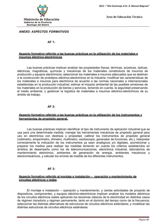 Ministerio de Educación 
Gobierno de la Provincia 
Santiago del Estero 
Página 88 
2012 – “Año Homenaje al Dr. D. Manuel Belgrano” 
Área de Educación Técnica 
ANEXO: ASPECTOS FORMATIVOS 
AF 1: 
Aspecto formativo referido a las buenas prácticas en la utilización de los materiales e insumos eléctrico-electrónicos. 
Las buenas prácticas implican analizar las propiedades físicas, térmicas, acústicas, ópticas, eléctricas, magnéticas, químicas y mecánicas de los materiales constitutivos de insumos de producción y equipos electrónicos; seleccionar los materiales e insumos adecuados que se destinan a la construcción de prototipos eléctrico-electrónicos en la industria; modificar las características de los materiales e insumos para electrónica de acuerdo a las normas nacionales e internacionales establecidas en la producción industrial; estimar el impacto ambiental de las posibles emisiones de los materiales en la producción de bienes y servicios, teniendo en cuenta, la seguridad preservando el medio ambiente; y gestionar la logística de materiales e insumos eléctrico-electrónicos de su ámbito de trabajo. 
AF 2: 
Aspecto formativo referido a las buenas prácticas en la utilización de los instrumentos y 
herramientas de propósito general. 
Las buenas prácticas implican identificar el tipo de instrumento de aplicación industrial que se usa para una determinada medida, manejar las herramientas mecánicas de propósito general para uso en electrónica con destreza y propiedad, calibrar los instrumentos de propósito general (voltímetro, amperímetro, óhmetro, multímetro, osciloscopio, generador de funciones, etc.), interpretar correctamente la indicación de los instrumentos ya sean analógicos y/o digitales, acondicionar y preparar los medios para realizar las medidas teniendo en cuenta los criterios establecidos en ámbitos de desempeño como los de telecomunicaciones, electrónica industrial, laboratorios de mantenimiento electrónico, ambientes de generación de energía, ambientes mecánicos y electromecánicos, y calcular los errores de medida de los diferentes instrumentos. 
AF 3: 
Aspecto formativo referido al montaje e instalación – operación y mantenimiento de circuitos eléctricos y redes. 
El montaje e instalación – operación y mantenimiento, y ciertas actividades de proyecto de dispositivos, componentes, y equipos eléctrico-electrónicos implican analizar los modelos eléctricos de los circuitos eléctricos reales aplicando los teoremas clásicos de la electricidad en distintos casos de régimen transitorio y régimen permanente, tanto en el dominio del tiempo como de la frecuencia; seleccionar las distintas alternativas de estructuras de circuitos eléctricos estándares; y modelizar las distintas estructuras de circuitos eléctricos estándares.  