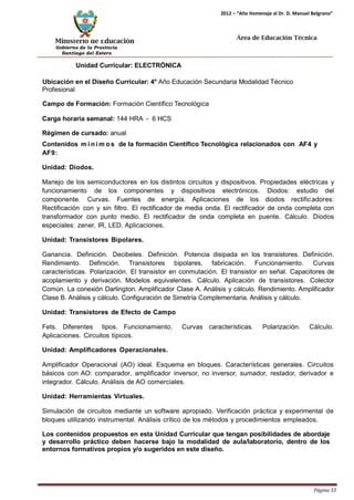 Ministerio de Educación 
Gobierno de la Provincia 
Santiago del Estero 
Página 33 
2012 – “Año Homenaje al Dr. D. Manuel Belgrano” 
Área de Educación Técnica 
Unidad Curricular: ELECTRÓNICA 
Ubicación en el Diseño Curricular: 4° Año Educación Secundaria Modalidad Técnico 
Profesional 
Campo de Formación: Formación Científico Tecnológica 
Carga horaria semanal: 144 HRA - 6 HCS 
Régimen de cursado: anual 
Contenidos mí nimos de la formación Científico Tecnológica relacionados con AF4 y 
AF9: 
Unidad: Diodos. 
Manejo de los semiconductores en los distintos circuitos y dispositivos. Propiedades eléctricas y funcionamiento de los componentes y dispositivos electrónicos. Diodos: estudio del componente. Curvas. Fuentes de energía. Aplicaciones de los diodos rectificadores: Rectificación con y sin filtro. El rectificador de media onda. El rectificador de onda completa con transformador con punto medio. El rectificador de onda completa en puente. Cálculo. Diodos especiales: zener, IR, LED. Aplicaciones. 
Unidad: Transistores Bipolares. 
Ganancia. Definición. Decibeles. Definición. Potencia disipada en los transistores. Definición. Rendimiento. Definición. Transistores bipolares, fabricación. Funcionamiento. Curvas características. Polarización. El transistor en conmutación. El transistor en señal. Capacitores de acoplamiento y derivación. Modelos equivalentes. Cálculo. Aplicación de transistores. Colector Común. La conexión Darlington. Amplificador Clase A. Análisis y cálculo. Rendimiento. Amplificador Clase B. Análisis y cálculo. Configuración de Simetría Complementaria. Análisis y cálculo. 
Unidad: Transistores de Efecto de Campo 
Fets. Diferentes tipos. Funcionamiento. Curvas características. Polarización. Cálculo. Aplicaciones. Circuitos típicos. 
Unidad: Amplificadores Operacionales. 
Amplificador Operacional (AO) ideal. Esquema en bloques. Características generales. Circuitos básicos con AO: comparador, amplificador inversor, no inversor, sumador, restador, derivador e integrador. Cálculo. Análisis de AO comerciales. 
Unidad: Herramientas Virtuales. 
Simulación de circuitos mediante un software apropiado. Verificación práctica y experimental de bloques utilizando instrumental. Análisis crítico de los métodos y procedimientos empleados. 
Los contenidos propuestos en esta Unidad Curricular que tengan posibilidades de abordaje y desarrollo práctico deben hacerse bajo la modalidad de aula/laboratorio, dentro de los entornos formativos propios y/o sugeridos en este diseño.  