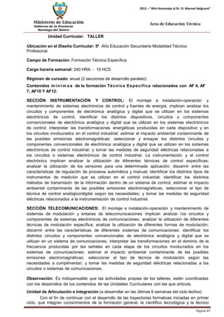 Ministerio de Educación 
Gobierno de la Provincia 
Santiago del Estero 
Página 43 
2012 – “Año Homenaje al Dr. D. Manuel Belgrano” 
Área de Educación Técnica 
Unidad Curricular: TALLER 
Ubicación en el Diseño Curricular: 5º Año Educación Secundaria Modalidad Técnico 
Profesional. 
Campo de Formación: Formación Técnica Específica 
Carga horaria semanal: 240 HRA - 10 HCS 
Régimen de cursado: anual (2 secciones de desarrollo paralelo) 
Contenidos mí nimos de la formación Técnica Específica relacionados con AF 4, AF 
7, AF10 Y AF12: 
SECCIÓN INSTRUMENTACIÓN Y CONTROL: El montaje e instalación-operación y mantenimiento de sistemas electrónicos de control y fuentes de energía, implican analizar los circuitos y componentes de electrónica analógica y digital que se utilizan en los sistemas electrónicos de control; identificar los distintos dispositivos, circuitos y componentes convencionales de electrónica analógica y digital que se utilizan en los sistemas electrónicos de control; interpretar las transformaciones energéticas producidas en cada dispositivo y en los circuitos involucrados en el control industrial; estimar el impacto ambiental contaminante de las posibles emisiones electromagnéticas; seleccionar y ensayar los distintos circuitos y componentes convencionales de electrónica analógica y digital que se utilizan en los sistemas electrónicos de control industrial; y tomar las medidas de seguridad eléctricas relacionadas a los circuitos o sistemas electrónicos de control industrial. La instrumentación y el control electrónico implican analizar la utilización de diferentes técnicas de control específicas; analizar la utilización de los sensores para una determinada aplicación; discernir entre las características de regulación de procesos automática y manual; identificar los distintos tipos de instrumentos de medición que se utilizan en el control industrial; identificar los distintos métodos de transmisión de la información dentro de un sistema de control; estimar el impacto ambiental contaminante de las posibles emisiones electromagnéticas; seleccionar el tipo de técnica de control analógico/digital según las necesidades; y tomar las medidas de seguridad eléctricas relacionados a la instrumentación de control industrial. 
SECCIÓN TELECOMUNICACIONES: El montaje e instalación-operación y mantenimiento de sistemas de modulación y enlaces de telecomunicaciones implican analizar los circuitos y componentes de sistemas electrónicos de comunicaciones; analizar la utilización de diferentes técnicas de modulación específica; analizar la utilización de diferentes formas de modulación; discernir entre las características de diferentes sistemas de comunicaciones; identificar los distintos circuitos y componentes convencionales de electrónica analógica y digital que se utilizan en un sistema de comunicaciones; interpretar las transformaciones en el dominio de la frecuencia producidas por las señales en cada etapa de los circuitos involucrados en los sistemas de comunicaciones; estimar el impacto ambiental contaminante de las posibles emisiones electromagnéticas; seleccionar el tipo de técnica de modulación según las necesidades a cumplimentar; y tomar las medidas de seguridad eléctricas relacionadas a los circuitos o sistemas de comunicaciones. 
Observación: Es indispensable que las actividades propias de los talleres, estén coordinadas con los desarrollos de los contenidos de las Unidades Curriculares con las que articula. 
Unidad de Articulación e Integración (a desarrollar en las últimas 6 semanas del ciclo lectivo) 
Con el fin de continuar con el desarrollo de las trayectorias formativas iniciadas en primer ciclo, que integran conocimientos de la formación general, la científico tecnológica y la técnico  