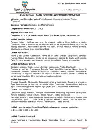 Ministerio de Educación 
Gobierno de la Provincia 
Santiago del Estero 
Página 52 
2012 – “Año Homenaje al Dr. D. Manuel Belgrano” 
Área de Educación Técnica 
Unidad Curricular: MARCO JURIDICO DE LOS PROCESOS PRODUCTIVOS 
Ubicación en el Diseño Curricular: 6º Año Educación Secundaria Modalidad Técnico 
Profesional. 
Campo de Formación: Formación Científico Tecnológica 
Carga horaria semanal: 48HRA - 2 HCS 
Régimen de cursado: anual 
Contenidos mí nimos de la formación Científico Tecnológica relacionados con: 
Unidad: Relación Jurídica. 
Personas físicas y jurídicas: por nacer, de existencia visible o físicas, jurídicas o ideales. Comienzo y fin de la existencia de las personas. Atributos de las personas físicas: capacidad de hecho y de derecho, incapacidad de derecho y de hecho, absoluta y relativa. Nombre. Domicilio. Clasificación y atributos de las personas jurídicas. 
Unidad: Acto Jurídico. 
Hecho y acto jurídico. Clasificación. Forma de los actos jurídicos. Obligaciones: concepto. Fuentes. Clases. Clasificación. Efectos de las obligaciones: respecto del deudor y del acreedor. Extinción: pago, novación, compensación, renuncia, imposibilidad de pago y prescripción. 
Unidad: Contratos en General. 
Contratos: concepto. Objeto. Forma: solemnes y no solemnes. Prueba. Clasificación. 
Contratos en particular: Compraventa. Permuta. Cesión de créditos. Locación. Nuevas formas de contratación: concepto. Contrato de distribución. Concesión. Leasing. Factoring. Joint venture. Franchinsing. De propiedad intelectual, de propiedad industrial: marcas y patentes. Contratos de transferencia tecnológica. Otros contratos comerciales modernos. 
Unidad: Sociedades. 
Empresa. Concepto. Clasificación. Sociedades: civiles y comerciales. Regulares e irregulares. Tipos de sociedades: de personas, de capital y mixtas: Constitución. Responsabilidad y régimen legal. Asociación cooperativas: régimen legal (ley N° 20377). Asociaciones de Empresas. 
Unidad: Leyes Laborales. 
Contrato de trabajo. Concepto. Principios fundamentales. Derechos y obligaciones de las partes. Jornada de trabajo. Trabajo nocturno. Trabajo insalubre. Trabajo de menores. 
Descanso: semanal y anual. Suspensión del contrato de trabajo. Remuneración. Sueldo anual complementario (S.A.C.). Comprobantes y registros. Recibos y formas. Licencias especiales. Extinción del contrato de trabajo. Preaviso. Indemnización. Trabajo decente. 
Unidad: Leyes de protección ambiental Relacionadas con los procesos productivos. ISO 9000. ISO 14.000. ISO 21.000. 
Unidad: Propiedad intelectual 
Leyes nacionales e internacionales. Leyes relacionadas. Marcas y patentes. Registro de dominios.  