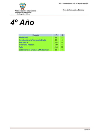 Ministerio de Educación 
Gobierno de la Provincia 
Santiago del Estero 
Página 30 
2012 – “Año Homenaje al Dr. D. Manuel Belgrano” 
Área de Educación Técnica 
Espacio 
HR 
HC 
Matemática 
96 
4 
Introducción a la Tecnología Digital 
96 
4 
Electrónica 
144 
6 
Circuitos y Redes I 
120 
5 
Taller 
240 
10 
Laboratorio de Ensayos y Mediciones I 
96 
4 
4º Año  