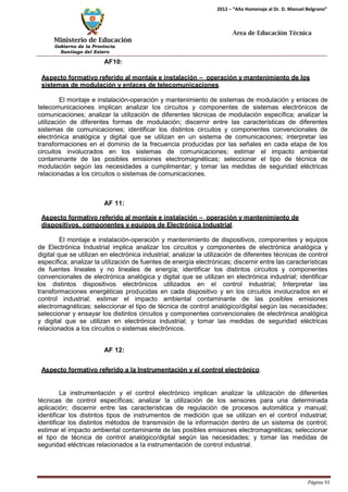 Ministerio de Educación 
Gobierno de la Provincia 
Santiago del Estero 
Página 91 
2012 – “Año Homenaje al Dr. D. Manuel Belgrano” 
Área de Educación Técnica 
AF10: 
Aspecto formativo referido al montaje e instalación – operación y mantenimiento de los sistemas de modulación y enlaces de telecomunicaciones. 
El montaje e instalación-operación y mantenimiento de sistemas de modulación y enlaces de telecomunicaciones implican analizar los circuitos y componentes de sistemas electrónicos de comunicaciones; analizar la utilización de diferentes técnicas de modulación específica; analizar la utilización de diferentes formas de modulación; discernir entre las características de diferentes sistemas de comunicaciones; identificar los distintos circuitos y componentes convencionales de electrónica analógica y digital que se utilizan en un sistema de comunicaciones; interpretar las transformaciones en el dominio de la frecuencia producidas por las señales en cada etapa de los circuitos involucrados en los sistemas de comunicaciones; estimar el impacto ambiental contaminante de las posibles emisiones electromagnéticas; seleccionar el tipo de técnica de modulación según las necesidades a cumplimentar; y tomar las medidas de seguridad eléctricas relacionadas a los circuitos o sistemas de comunicaciones. 
AF 11: 
Aspecto formativo referido al montaje e instalación – operación y mantenimiento de dispositivos, componentes y equipos de Electrónica Industrial. 
El montaje e instalación-operación y mantenimiento de dispositivos, componentes y equipos de Electrónica Industrial implica analizar los circuitos y componentes de electrónica analógica y digital que se utilizan en electrónica industrial; analizar la utilización de diferentes técnicas de control específica; analizar la utilización de fuentes de energía electrónicas; discernir entre las características de fuentes lineales y no lineales de energía; identificar los distintos circuitos y componentes convencionales de electrónica analógica y digital que se utilizan en electrónica industrial; identificar los distintos dispositivos electrónicos utilizados en el control industrial; Interpretar las transformaciones energéticas producidas en cada dispositivo y en los circuitos involucrados en el control industrial; estimar el impacto ambiental contaminante de las posibles emisiones electromagnéticas; seleccionar el tipo de técnica de control analógico/digital según las necesidades; seleccionar y ensayar los distintos circuitos y componentes convencionales de electrónica analógica y digital que se utilizan en electrónica industrial; y tomar las medidas de seguridad eléctricas relacionados a los circuitos o sistemas electrónicos. 
AF 12: 
Aspecto formativo referido a la Instrumentación y el control electrónico. 
La instrumentación y el control electrónico implican analizar la utilización de diferentes técnicas de control específicas; analizar la utilización de los sensores para una determinada aplicación; discernir entre las características de regulación de procesos automática y manual; identificar los distintos tipos de instrumentos de medición que se utilizan en el control industrial; identificar los distintos métodos de transmisión de la información dentro de un sistema de control; estimar el impacto ambiental contaminante de las posibles emisiones electromagnéticas; seleccionar el tipo de técnica de control analógico/digital según las necesidades; y tomar las medidas de seguridad eléctricas relacionados a la instrumentación de control industrial. 