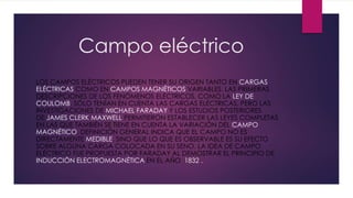 Campo eléctrico
LOS CAMPOS ELÉCTRICOS PUEDEN TENER SU ORIGEN TANTO EN CARGAS
ELÉCTRICAS COMO EN CAMPOS MAGNÉTICOS VARIABLES. LAS PRIMERAS
DESCRIPCIONES DE LOS FENÓMENOS ELÉCTRICOS, COMO LA LEY DE
COULOMB, SÓLO TENÍAN EN CUENTA LAS CARGAS ELÉCTRICAS, PERO LAS
INVESTIGACIONES DE MICHAEL FARADAY Y LOS ESTUDIOS POSTERIORES
DE JAMES CLERK MAXWELL PERMITIERON ESTABLECER LAS LEYES COMPLETAS
EN LAS QUE TAMBIÉN SE TIENE EN CUENTA LA VARIACIÓN DEL CAMPO
MAGNÉTICO. DEFINICIÓN GENERAL INDICA QUE EL CAMPO NO ES
DIRECTAMENTE MEDIBLE, SINO QUE LO QUE ES OBSERVABLE ES SU EFECTO
SOBRE ALGUNA CARGA COLOCADA EN SU SENO. LA IDEA DE CAMPO
ELÉCTRICO FUE PROPUESTA POR FARADAY AL DEMOSTRAR EL PRINCIPIO DE
INDUCCIÓN ELECTROMAGNÉTICA EN EL AÑO 1832 .
 