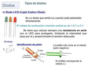Tipos de diodos:
Diodos
a) Diodo LED (Light Emitter Diode)

                      Es un diodo que emite luz cuando está polarizado
                      directamente.
               El voltaje de conducción o tensión umbral es de 1,8 V a 2 V
                    Se tiene que colocar siempre una resistencia en serie
                 con el LED para protegerlo, limitando la intensidad que
                 pasa por el y proporcionarle la tensión adecuada.

 Símbolo
               Identificación de polos         La patilla más corta es el cátodo
+          -                                   (polo negativo).




                                                 El chaflán corresponde al
                                                 cátodo (-).
 