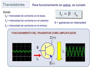 Transistores                Para funcionamiento en activa, se cumple:

Donde:
 IB = Intensidad de corriente en la base.
 IC = Intensidad de corriente en el colector.
                                                ß = ganancia en intensidad
 IE = Intensidad de corriente en el emisor.
 