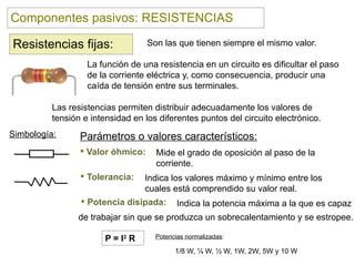 Componentes pasivos: RESISTENCIAS

Resistencias fijas:                Son las que tienen siempre el mismo valor.

                   La función de una resistencia en un circuito es dificultar el paso
                   de la corriente eléctrica y, como consecuencia, producir una
                   caída de tensión entre sus terminales.

          Las resistencias permiten distribuir adecuadamente los valores de
          tensión e intensidad en los diferentes puntos del circuito electrónico.
Simbología:      Parámetros o valores característicos:
                  Valor óhmico:     Mide el grado de oposición al paso de la
                                     corriente.
                  Tolerancia:     Indica los valores máximo y mínimo entre los
                                   cuales está comprendido su valor real.
                  Potencia disipada:       Indica la potencia máxima a la que es capaz
                de trabajar sin que se produzca un sobrecalentamiento y se estropee.

                        P = I2 R     Potencias normalizadas:

                                           1/8 W, ¼ W, ½ W, 1W, 2W, 5W y 10 W
 