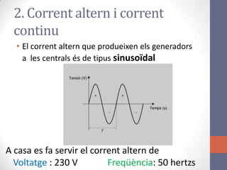 • El corrent altern que produeixen els generadors
a les centrals és de tipus sinusoïdal
2. Corrent altern i corrent
continu
A casa es fa servir el corrent altern de
Voltatge : 230 V Freqüència: 50 hertzs
 