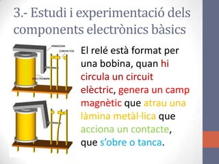 3.- Estudi i experimentació dels
components electrònics bàsics
El relé està format per
una bobina, quan hi
circula un circuit
elèctric, genera un camp
magnètic que atrau una
làmina metàl·lica que
acciona un contacte,
que s’obre o tanca.
 