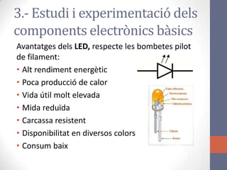 Avantatges dels LED, respecte les bombetes pilot
de filament:
• Alt rendiment energètic
• Poca producció de calor
• Vida útil molt elevada
• Mida reduïda
• Carcassa resistent
• Disponibilitat en diversos colors
• Consum baix
3.- Estudi i experimentació dels
components electrònics bàsics
 