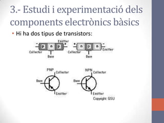 • Hi ha dos tipus de transistors:
3.- Estudi i experimentació dels
components electrònics bàsics
 