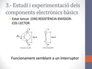 • Estat tancat (ON) RESISTÈNCIA EMISSOR-
COL·LECTOR
Funcionament semblant a un interruptor
3.- Estudi i experimentació dels
components electrònics bàsics
 