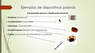 Ejemplos de dispositivos pasivos
Componentes pasivos y Clasificación funcional
> Resistores: Resistencia
> Condensadores: Capacidad
> Inductores: Autoinducción
> Transformadores: Relación de transformación
> Cables: Conducción de señal eléctrica y potencia

 