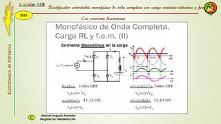 2015
Instala BER
Manuel Augusto Pesantez
Magister en TeledetecciónC
ELECTRÓNICADEPOTENCIA
1
Rectificador controlable monofásico de onda completa con carga resistiva-inductiva y fem
Con corriente discontinua
 