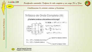 2015
Instala BER
Manuel Augusto Pesantez
Magister en TeledetecciónC
ELECTRÓNICADEPOTENCIA
1
Rectificador controlable Trifásico de onda completa y con carga RL y Fem
Consideraciones de corriente continua y discontinua
 