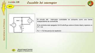 2015
Instala BER
Manuel Augusto Pesantez
Magister en TeledetecciónC
ELECTRÓNICADEPOTENCIA
1
Encendido del interruptor
El circuito del interruptor controlable se comporta como una fuente
independiente de corriente Io
Si la corriente esta apagada Vd=0 la Io fluye sobre el diodo ideal y aparece un
VT = Vd
Fs = 1 /Ts frecuencia de repetición
 