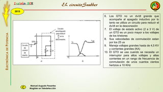 2015
Instala BER
Manuel Augusto Pesantez
Magister en TeledetecciónC
ELECTRÓNICADEPOTENCIA
1
EL circuitoSnubber
6. Los GTO no un dv/dt grande que
acompañe al apagado inductivo por lo
tanto se utiliza un circuito para reducir el
dv/dt en la desconexión
7. El voltaje de estado activo (2 a 3 V) de
un GTO es un poco mayor a los voltajes
de los tiristores
8. Sus velocidades de conmutación estan
por los 25 us
9. Maneja voltajes grandes hasta de 4,5 KV
y corrientes grandes (KA)
10. El GTO se usa cuando se necesita un
interruptor para altos voltajes y altas
corrientes en un rango de frecuencia de
conmutación de unos cuantos cientos
hertzios a 10 KHz
 