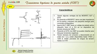 2015
Instala BER
Manuel Augusto Pesantez
Magister en TeledetecciónC
ELECTRÓNICADEPOTENCIA
1
1. Tienen algunas ventajas de los MOSFET, BJT y
GTO
2. Es parecido al MOSFET, tiene una lata impedancia
en la puerta y requiere una pequeña energía para
conmutar el dispositivo
3. Igual al BJT, IGBT tiene un voltaje de estado activo
pequeño Venc (2 a 3V) en un dispositivo de
tensión directa de 1000V
4. Parecido al GTO, los IGBT se pueden diseñar para
bloquear tensiones negativas
5. Tienen tiempos de conexión y desconexión en el
orden de 1 us y están disponibles hasta 1700V y
1200 A. Están previstos de rangos de tensión
hasta 2 a 3 KV
Transistores bipolares de puerta aislada (IGBT)
Características
 
