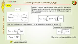 2015
Instala BER
Manuel Augusto Pesantez
Magister en TeledetecciónC
ELECTRÓNICADEPOTENCIA
1
Tanto v como i pueden variar como función del tiempo.
Cuando las formas de onda v e i se repiten con un periodo
T en estado permanente, el promedio del flujo de energía se
calcula como:
Si el subcircuito es una carga resistiva v = i R, entonces la ecuación se reduce a
En términos rms se expresa
Corriente rms(raíz cuadrática media)
Valores promedio y corriente RMS
 